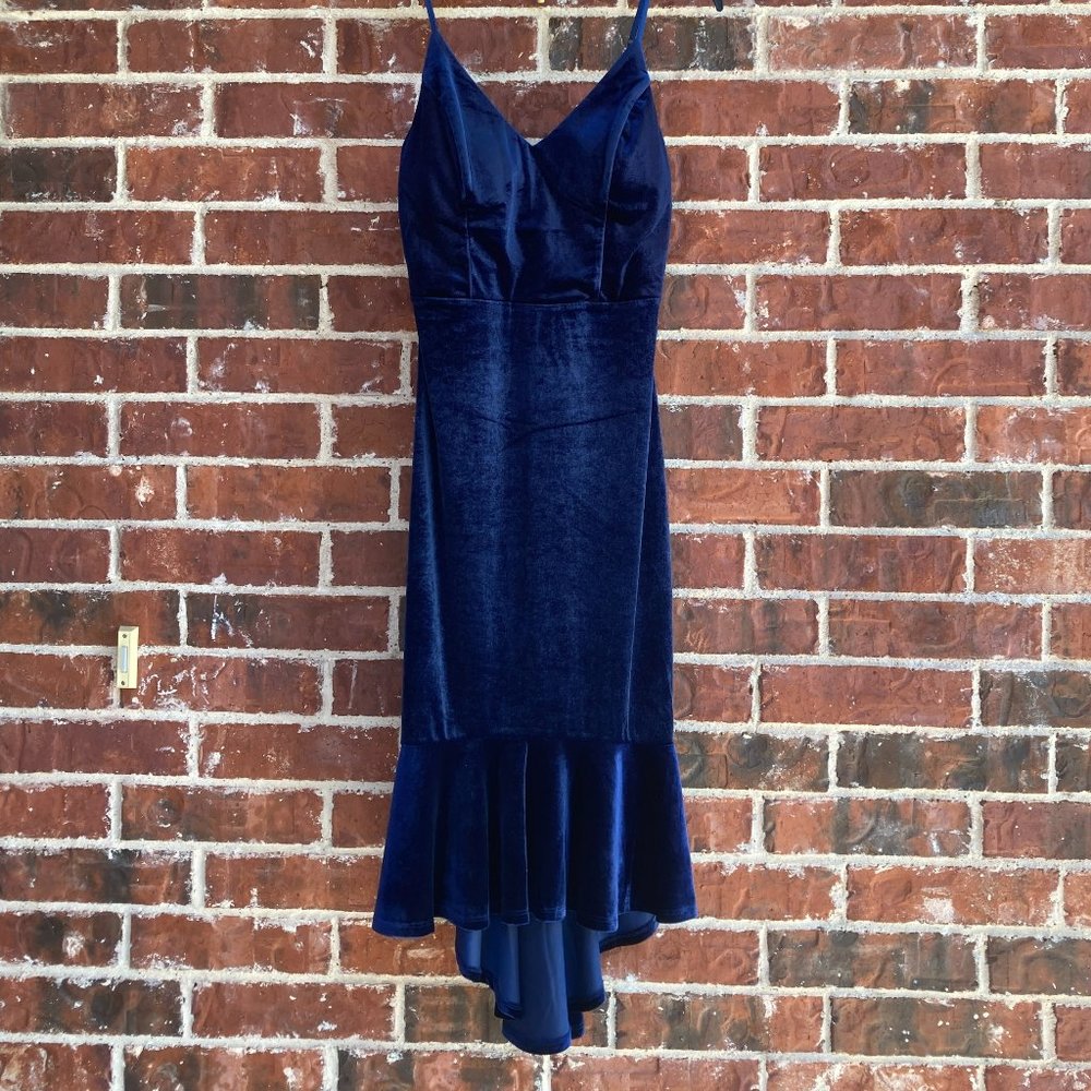 Royal Blue Velvet Midi Formal Dress - Size Small